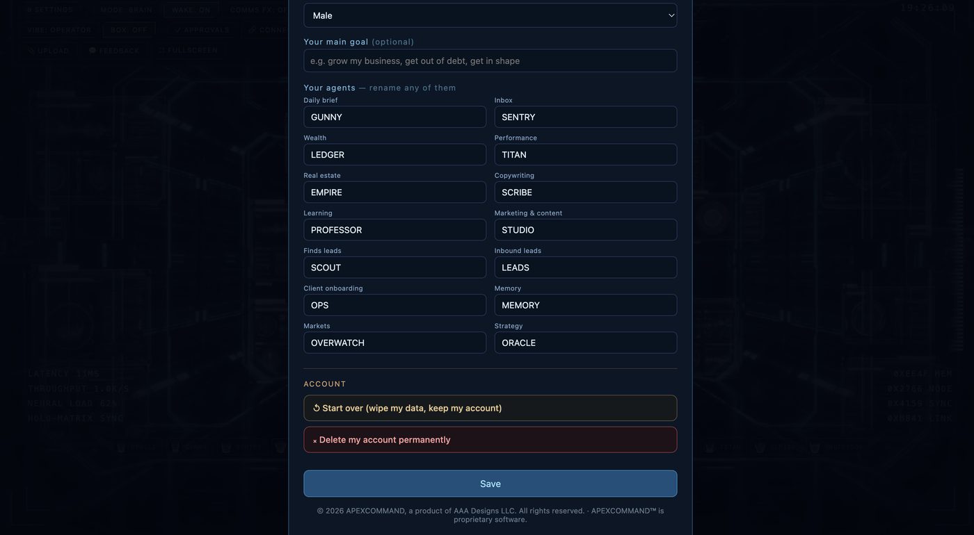 APEX agent roster: the 14 specialized agents
