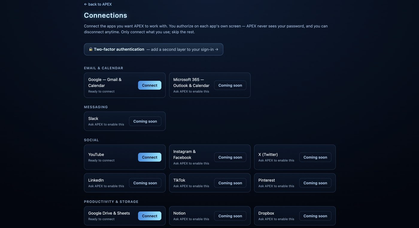 APEX connections panel: Gmail, Calendar, Slack and more