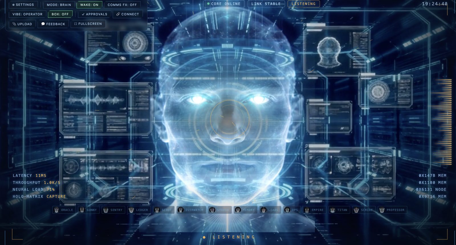 APEX live interface: holographic head in a HUD with the agent dock and live telemetry